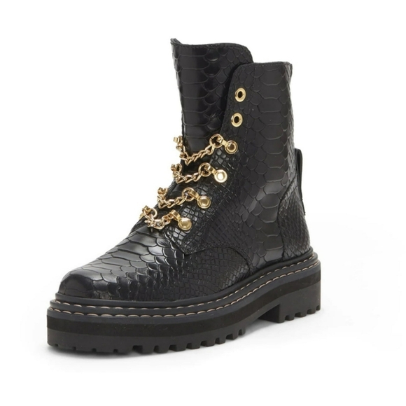 Vince Camuto Popinta Black Smooth Leather Snake Round Toe Chain Detailed Boots - Picture 4 of 14